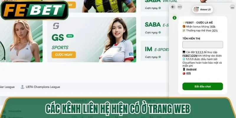 Các kênh liên hệ hiện có ở trang web